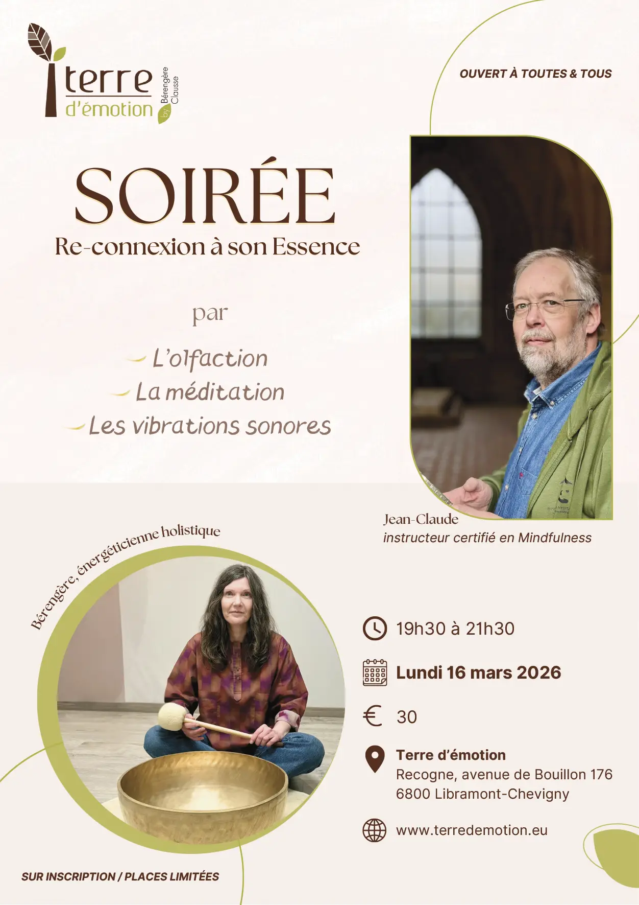 Soirée de re-connexion à son essence par l'olfaction, la méditation et les vibrations sonores. Libramont, le lundi 16 mars à 19h30, en Terre d'émotion by Bérengère Clausse